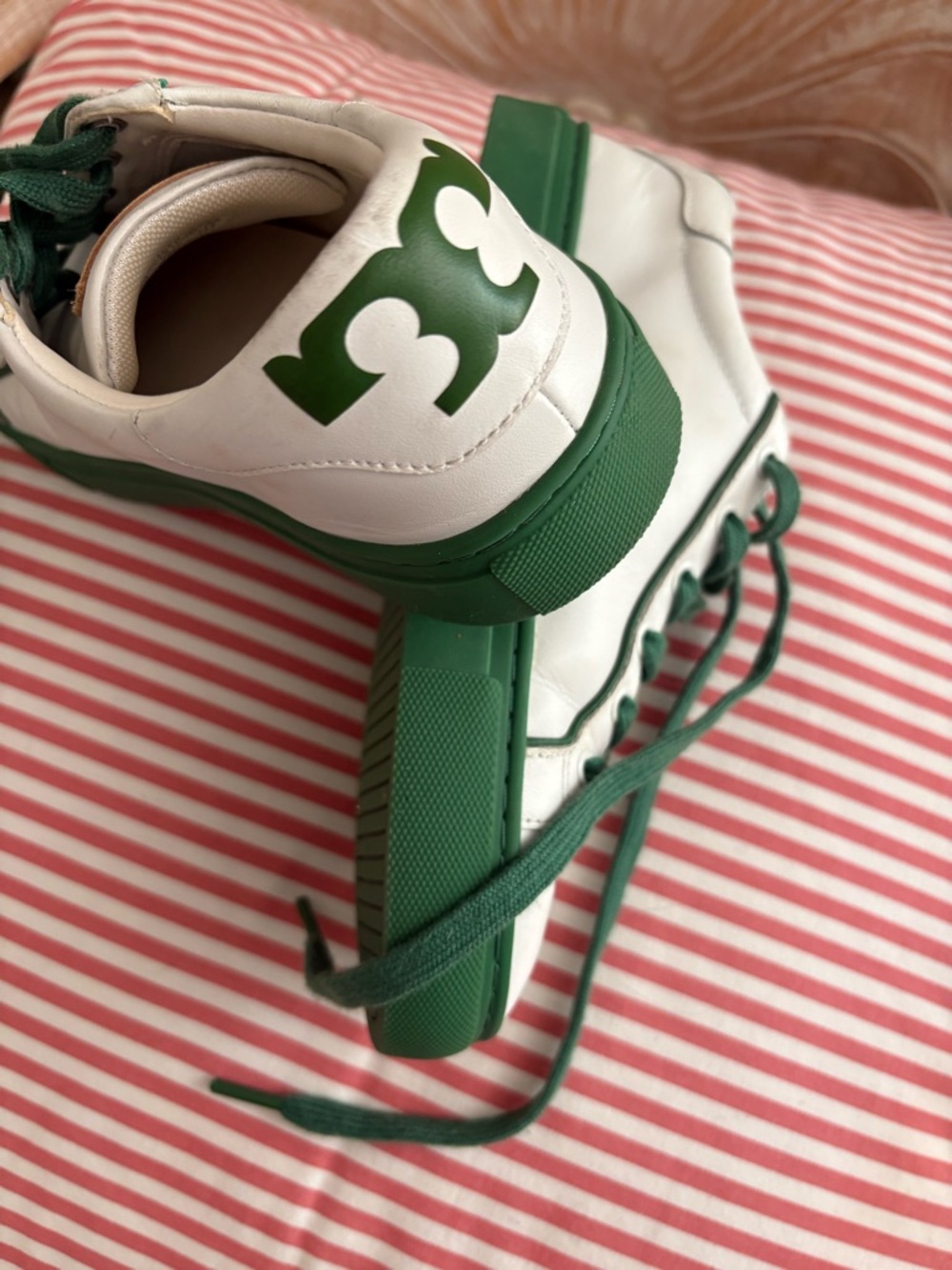 Tory Burch White Leather Sneakers with Green Accents - Picture 2 of 16
